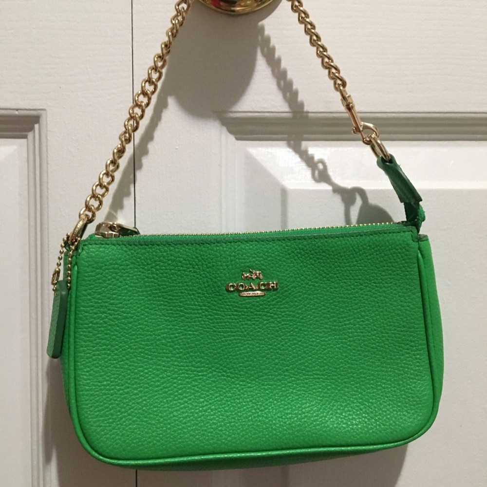Bright Green Coach Wristlet With Gold Chain Strap